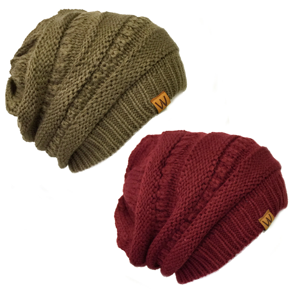 Wrapables Slouchy Winter Beanie Cap Hat Set of 2, Brown Beaver and Burgundy