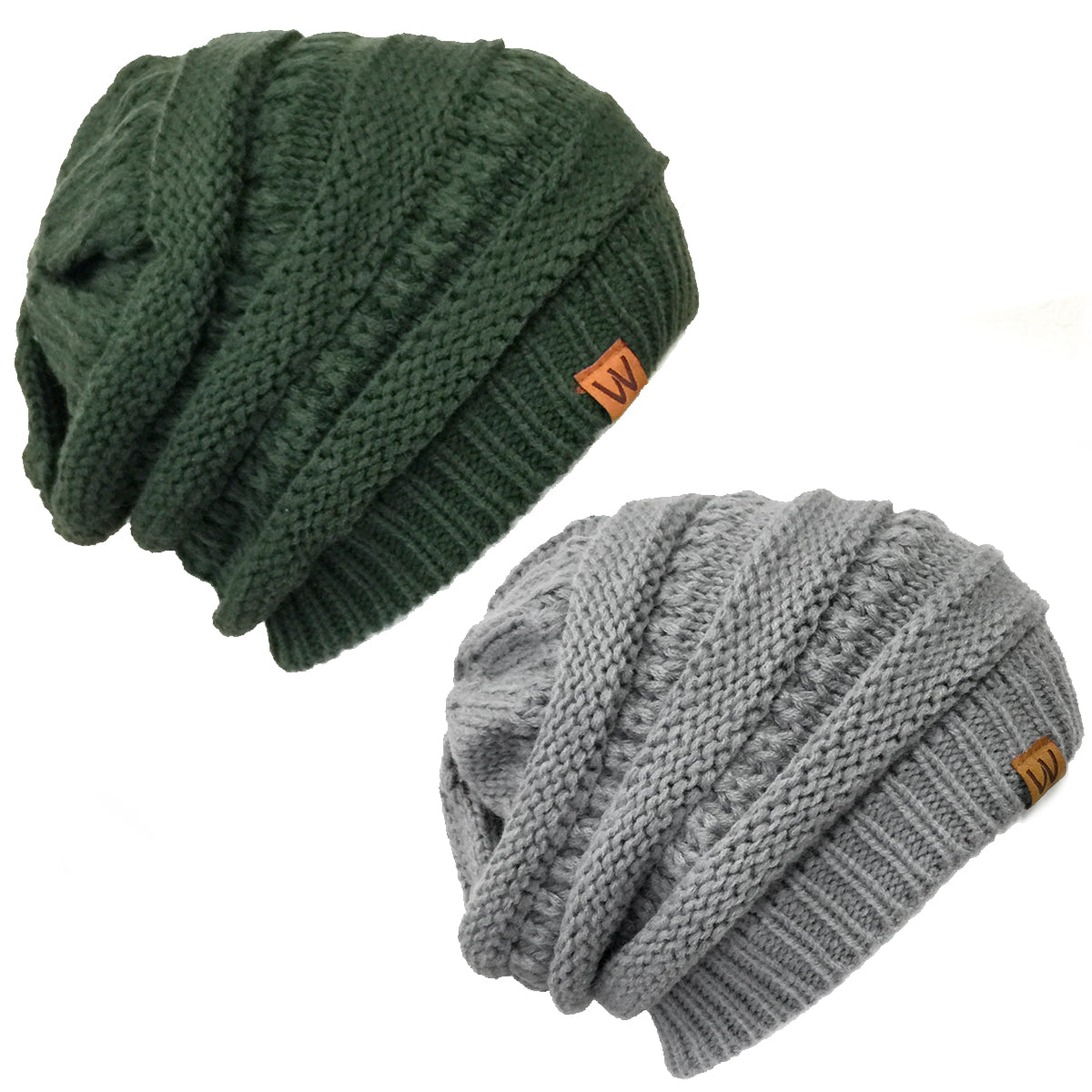 Wrapables Slouchy Winter Beanie Cap Hat Set of 2, Hunter Green and Grey