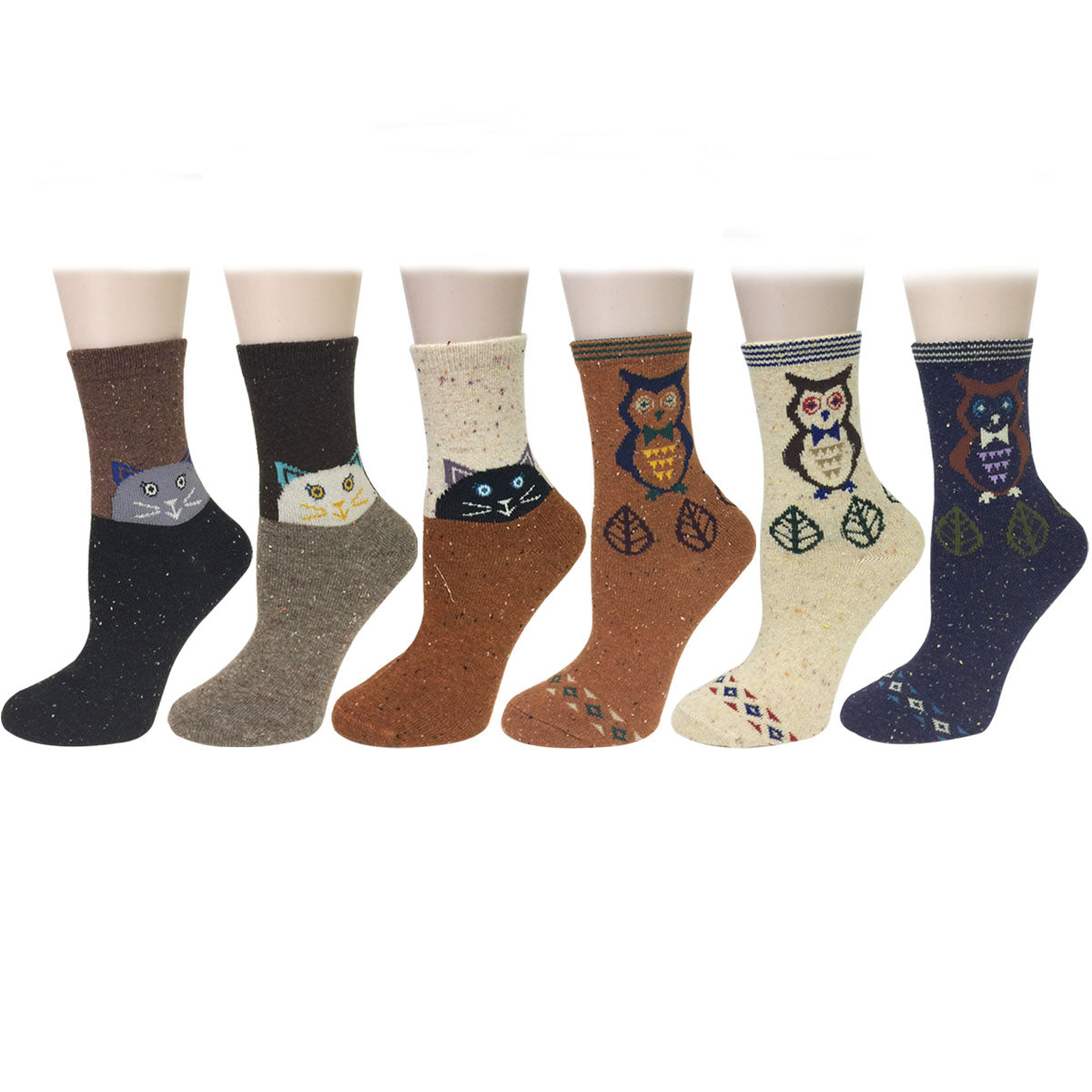 Wrapables Thick Rabbit Hair Wool Crew Socks (Set of 6), Cat and Owl