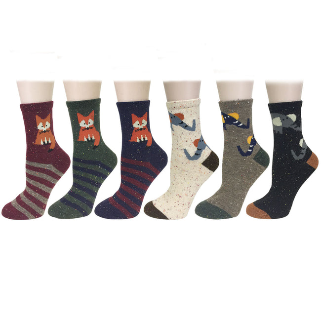 Wrapables Thick Rabbit Hair Wool Crew Socks (Set of 6), Fox and Elephant