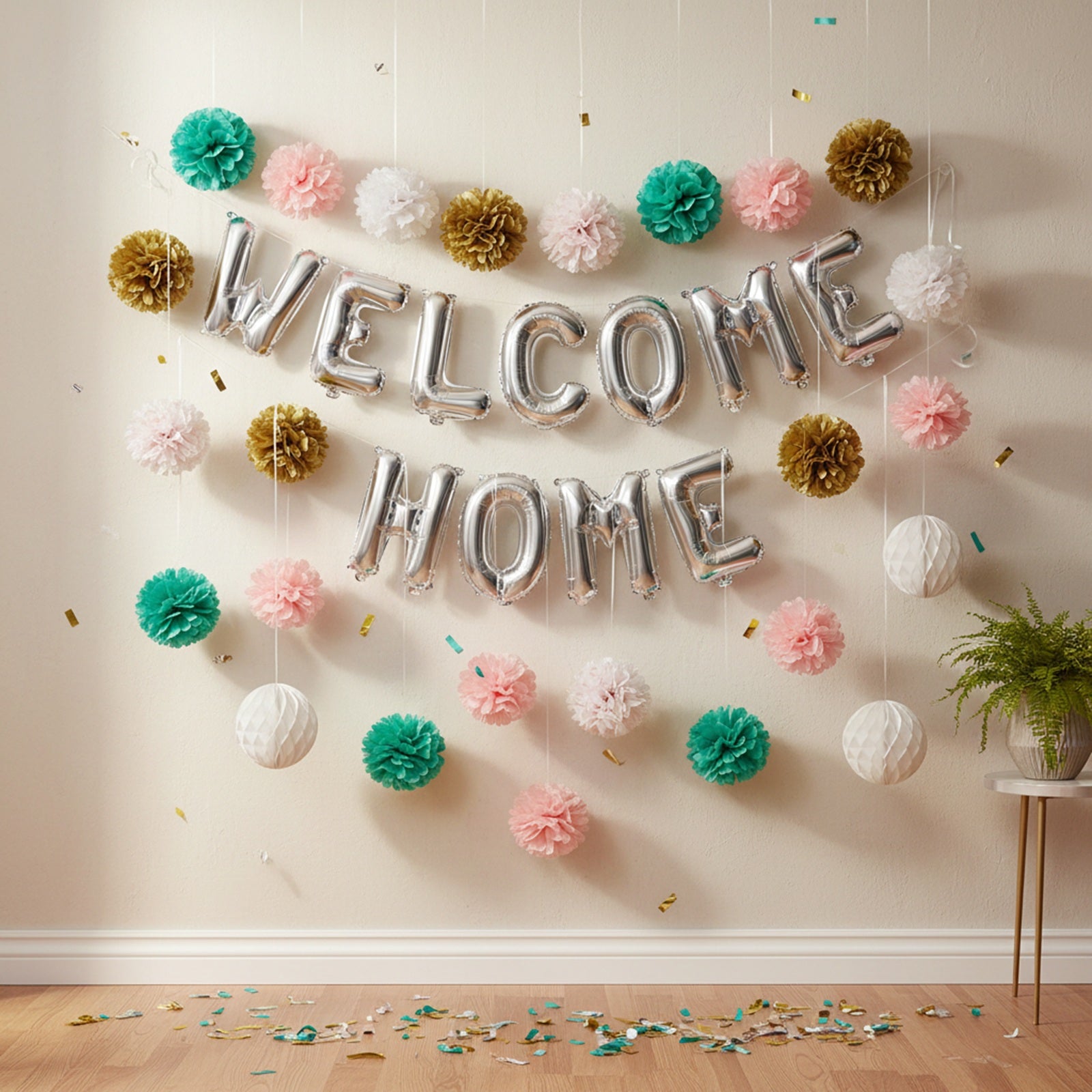 Wrapables Set of 8 Tissue Honeycomb Ball and Pom Pom Party Decorations, Aqua/ Light Pink/ Gold/ White