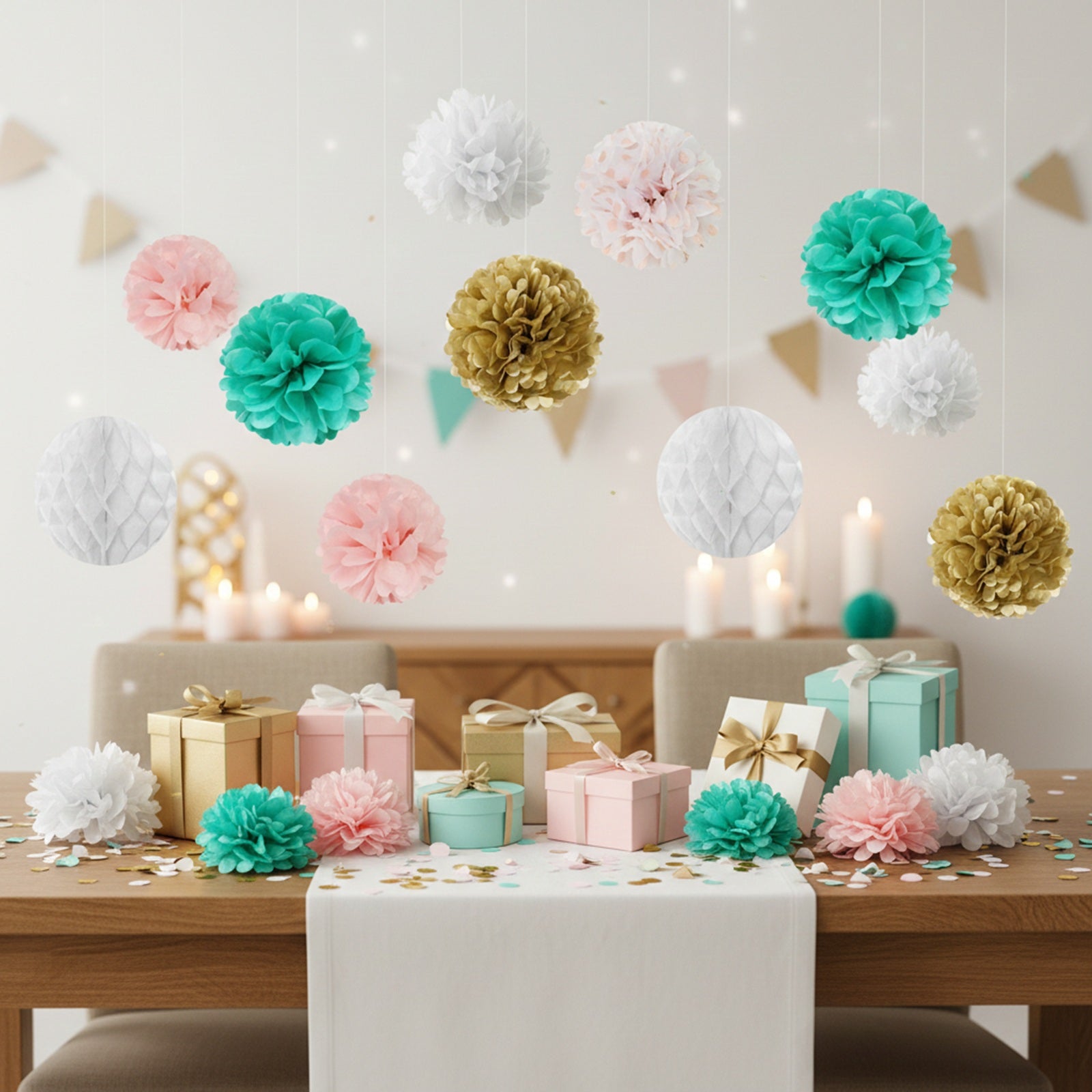 Wrapables Set of 8 Tissue Honeycomb Ball and Pom Pom Party Decorations, Aqua/ Light Pink/ Gold/ White