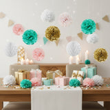 Wrapables Set of 8 Tissue Honeycomb Ball and Pom Pom Party Decorations, Aqua/ Light Pink/ Gold/ White