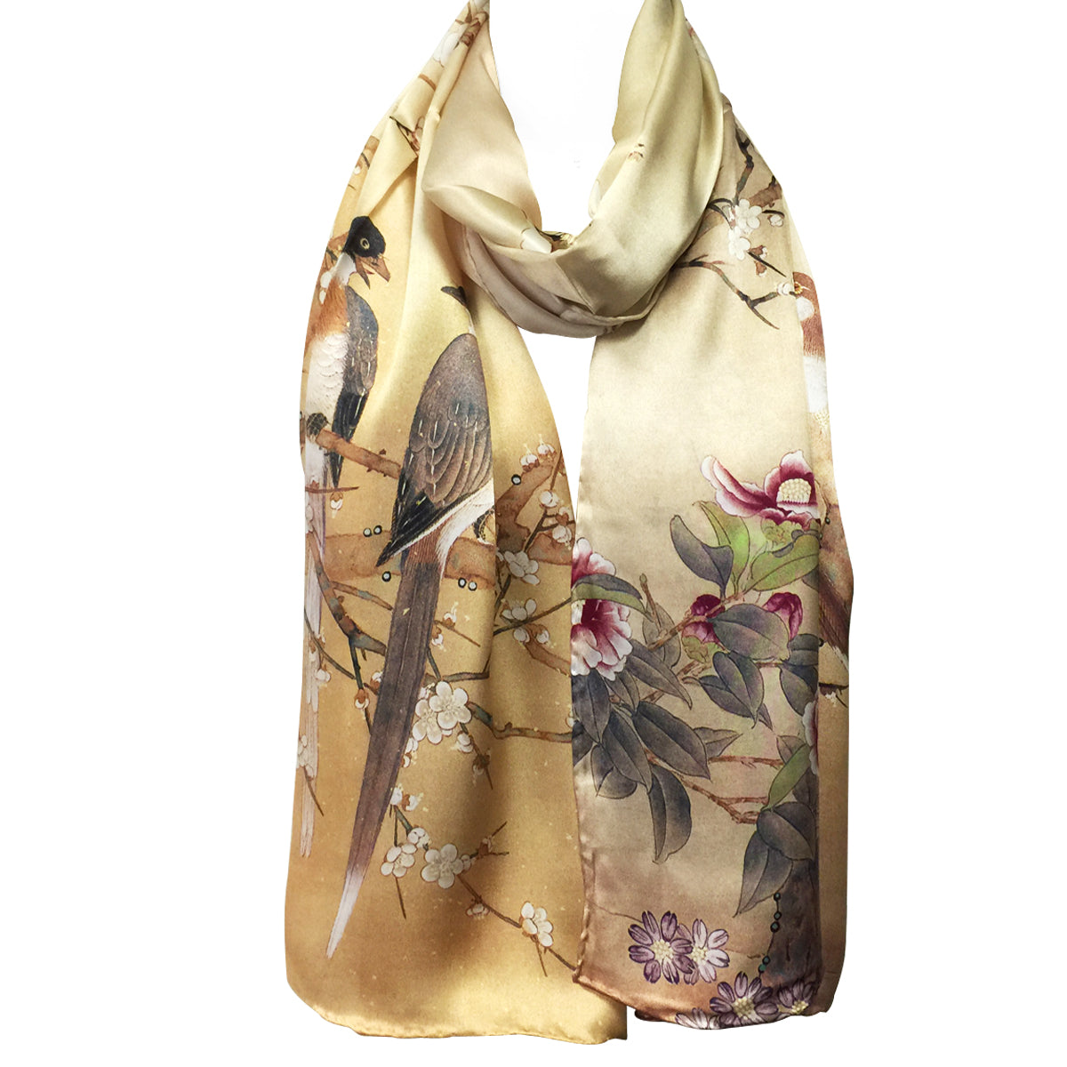 Wrapables Luxurious 100% Charmeuse Silk Long Scarf with Hand Rolled Edges, Swallows