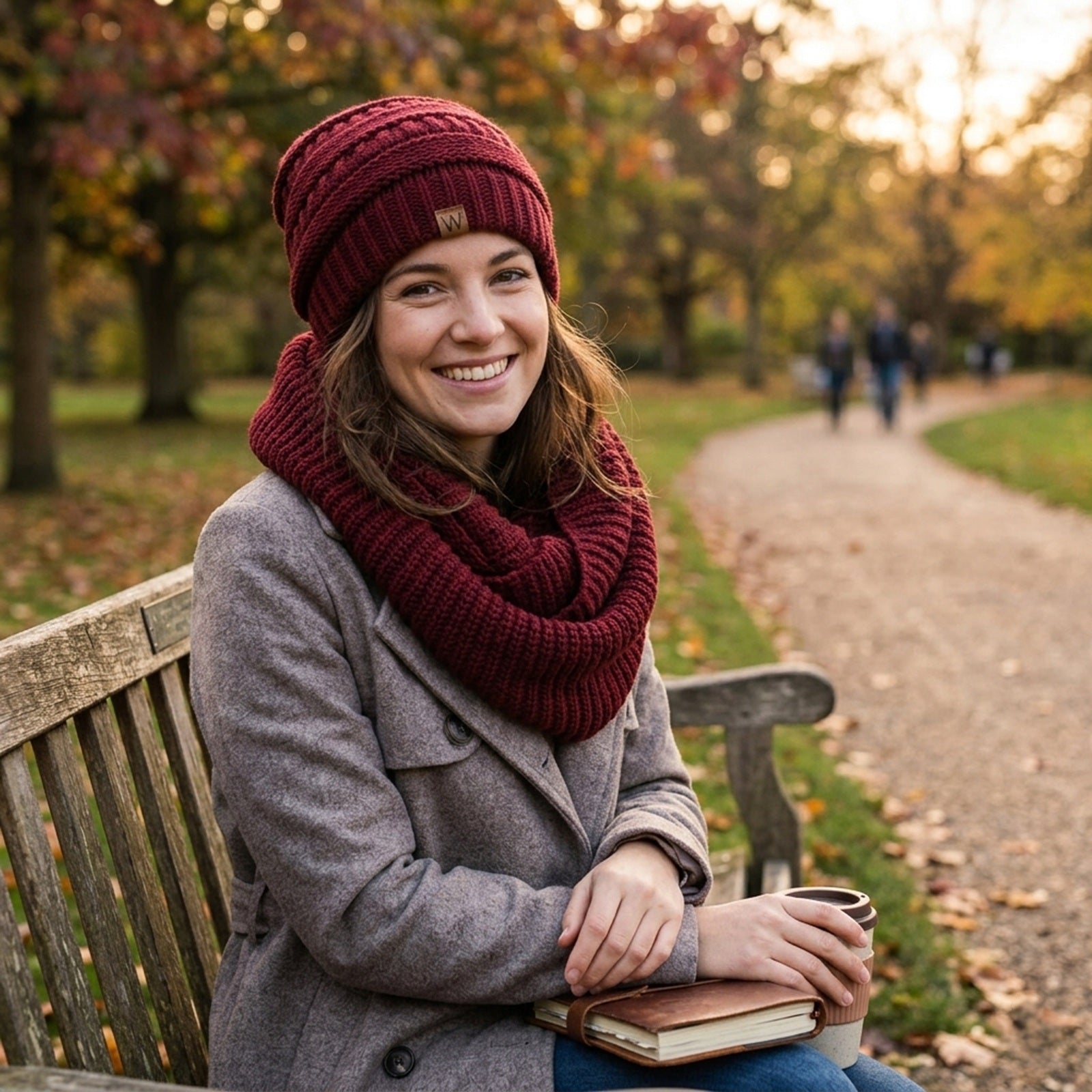 Wrapables Winter Warm Knitted Infinity Scarf and Beanie Hat Set, Burgundy