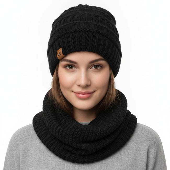 Wrapables Winter Warm Knitted Infinity Scarf and Beanie Hat Set, Black