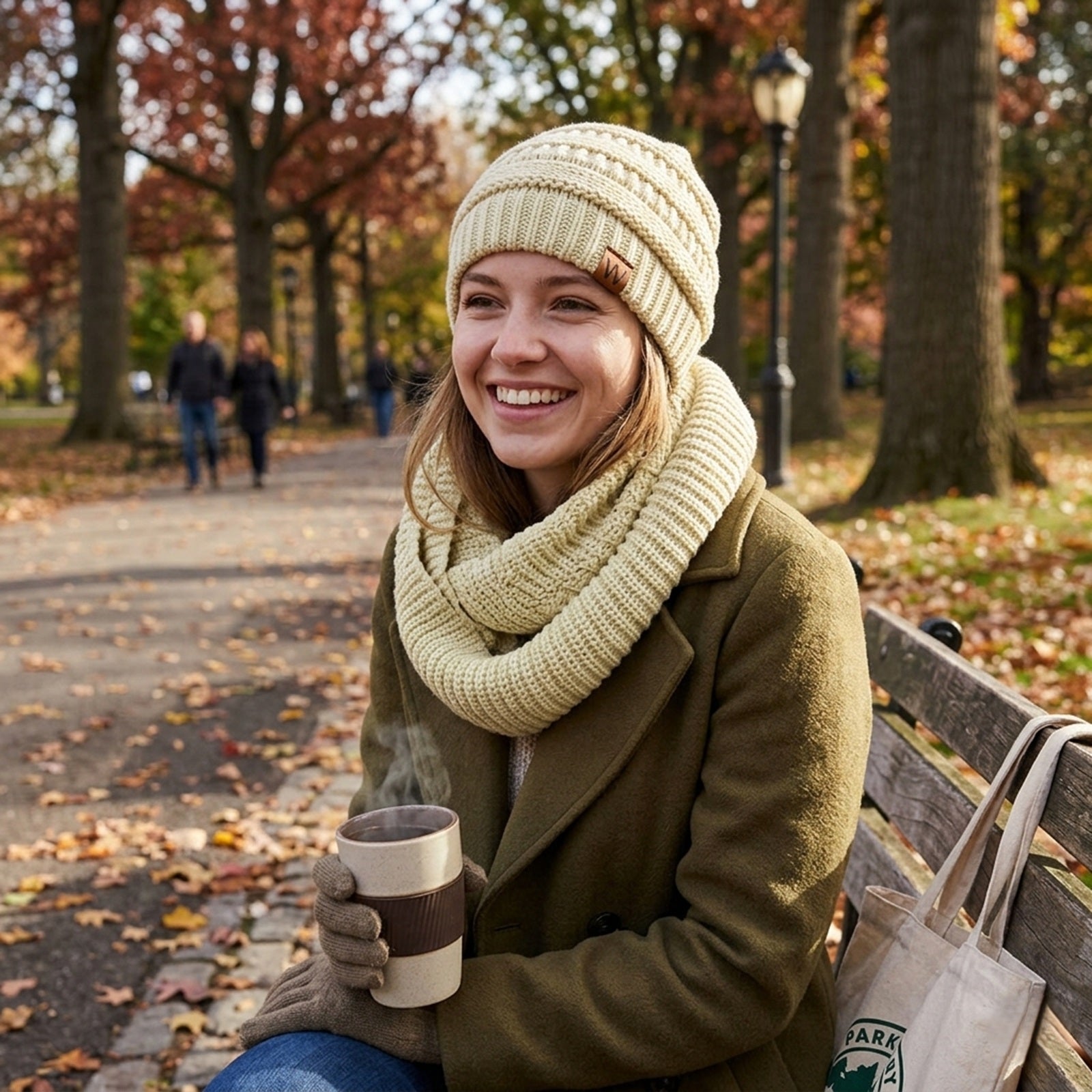 Wrapables Winter Warm Knitted Infinity Scarf and Beanie Hat Set, Beige