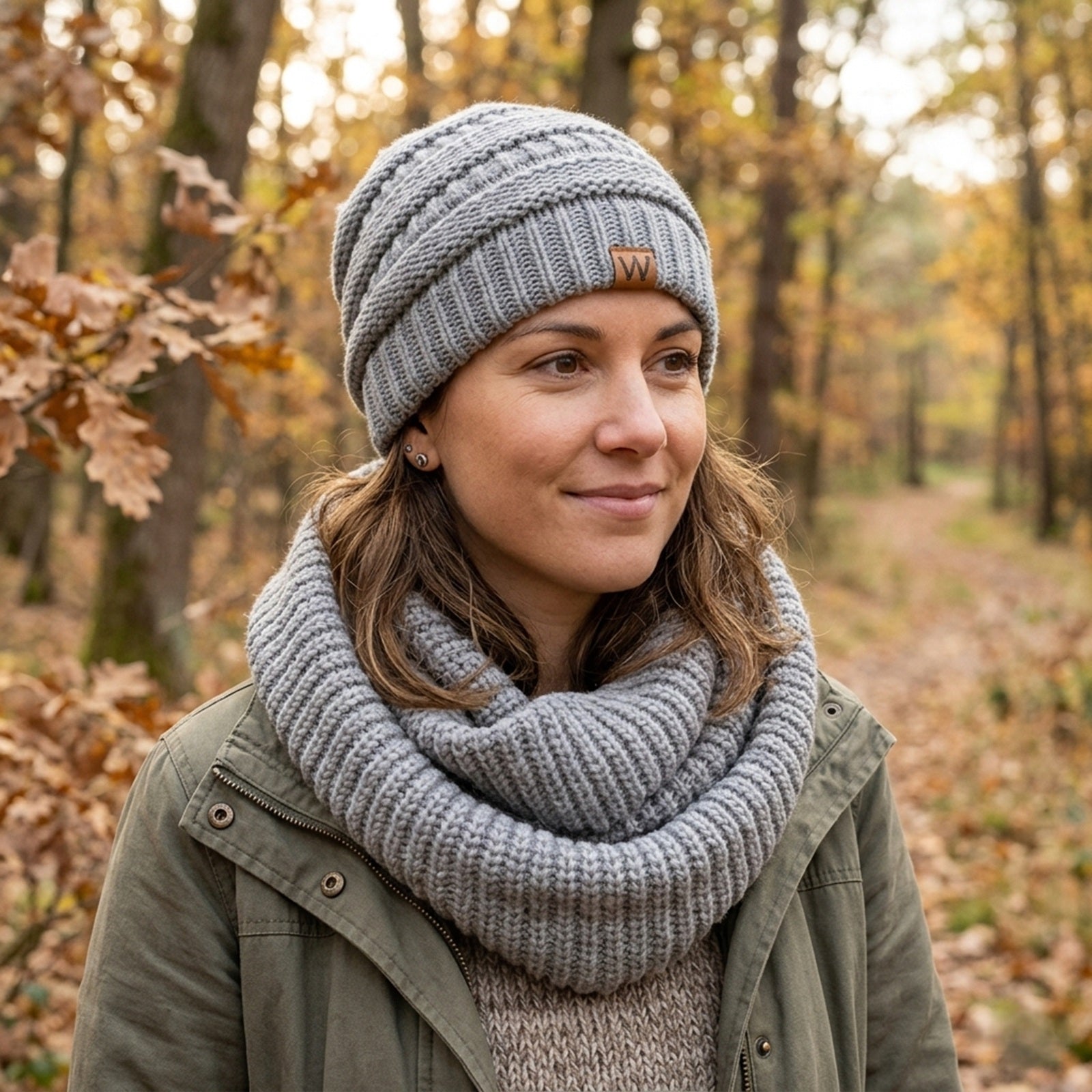 Wrapables Winter Warm Knitted Infinity Scarf and Beanie Hat Set, Light Gray