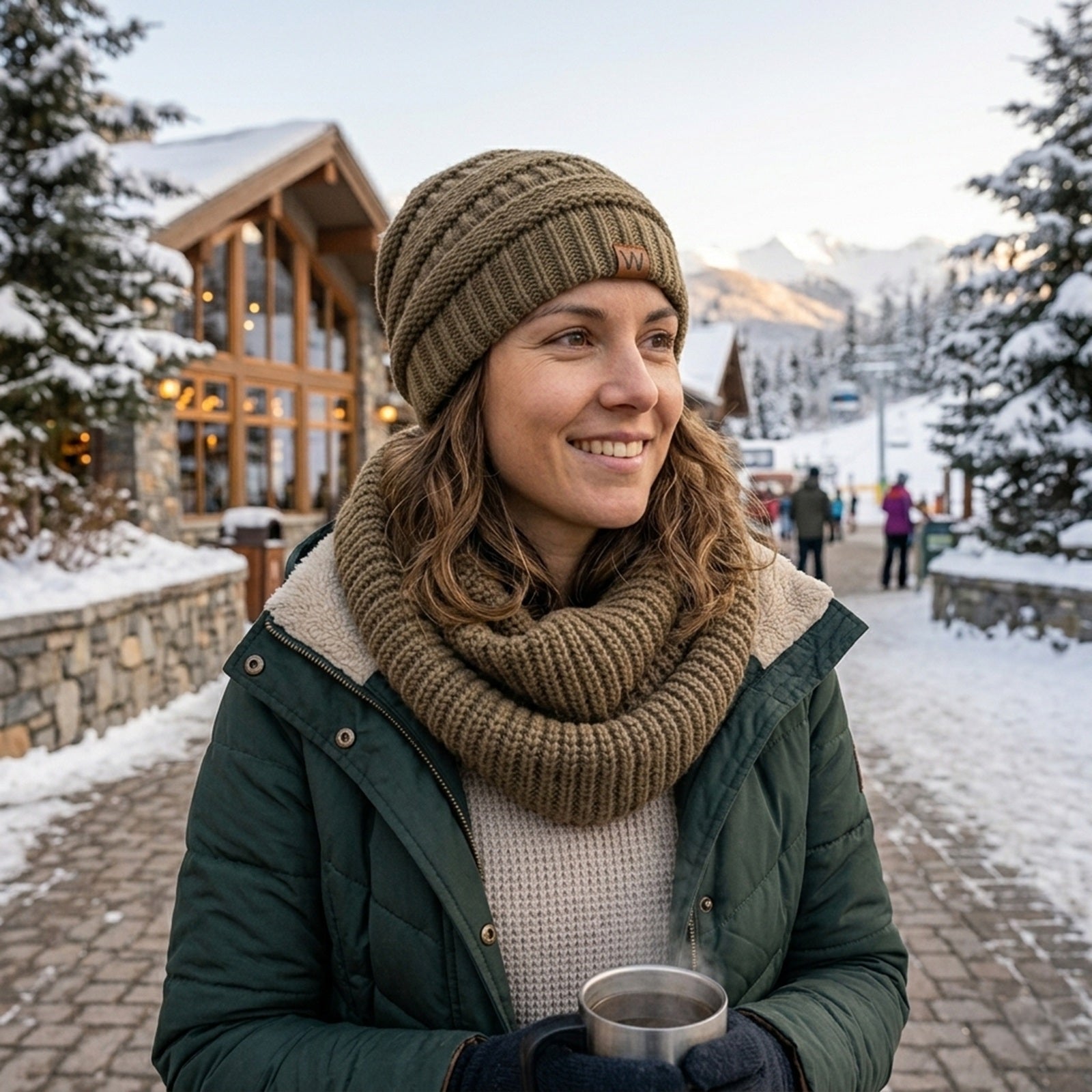 Wrapables Winter Warm Knitted Infinity Scarf and Beanie Hat Set, Brown Beaver