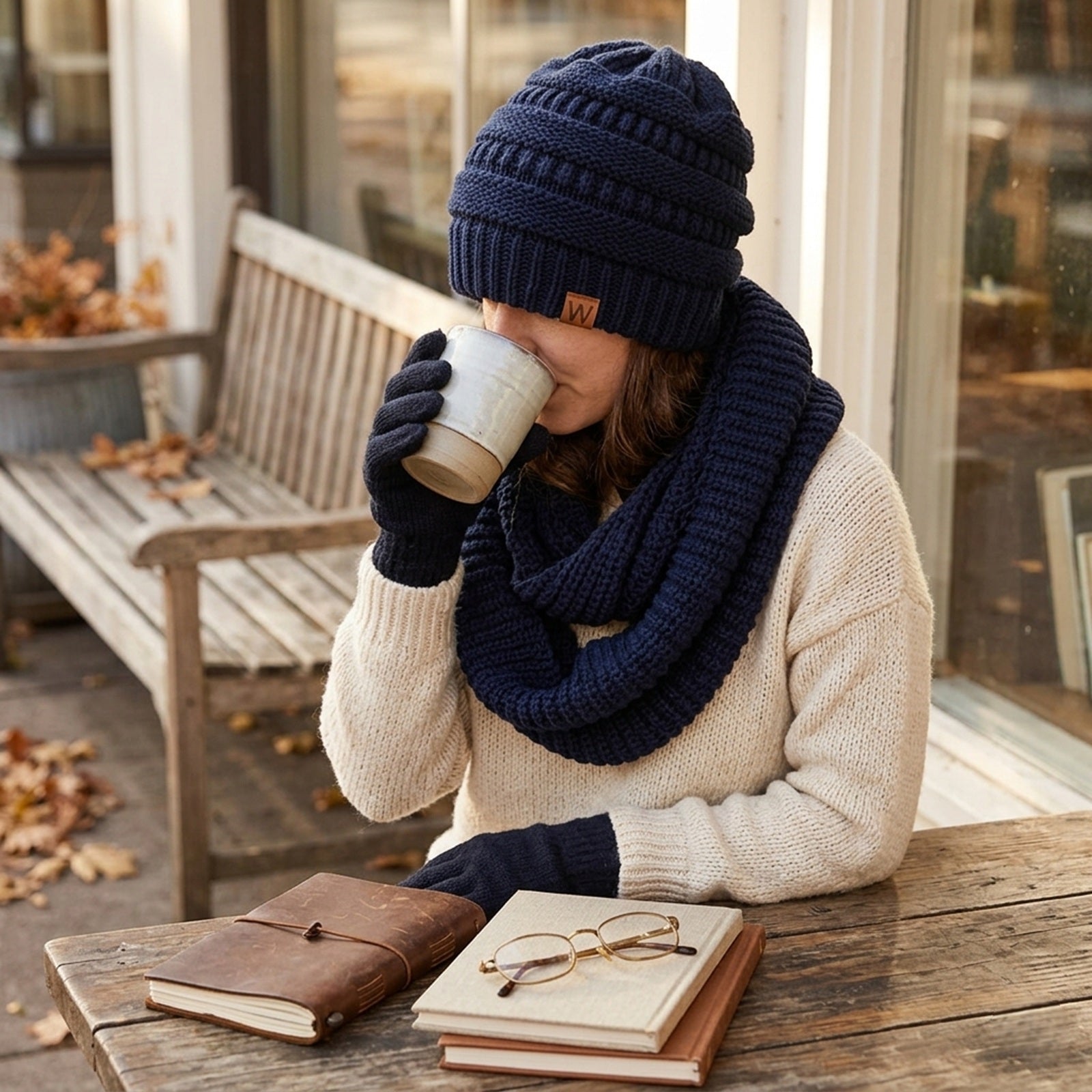 Wrapables Winter Warm Knitted Infinity Scarf and Beanie Hat Set, Navy