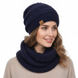 Wrapables Winter Warm Knitted Infinity Scarf and Beanie Hat Set, Navy