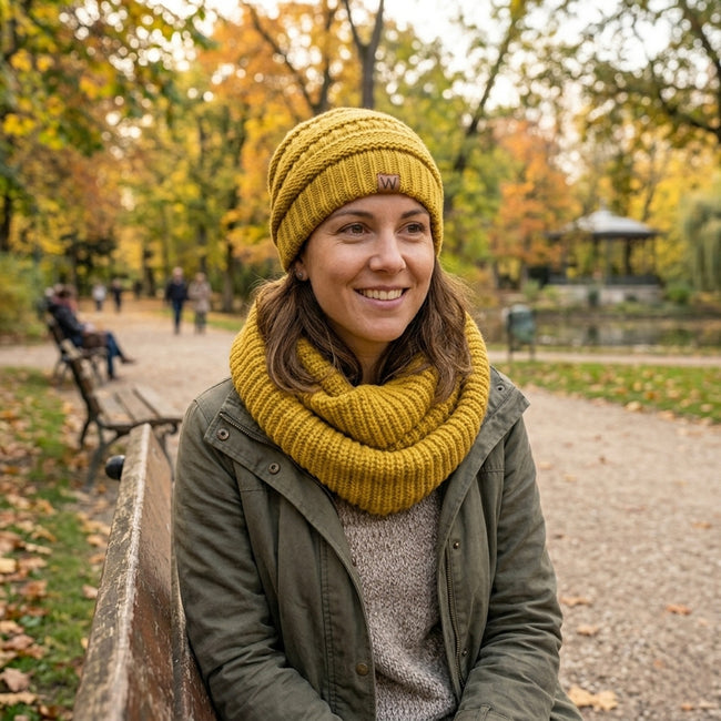 Wrapables Winter Warm Knitted Infinity Scarf and Beanie Hat Set, Yellow