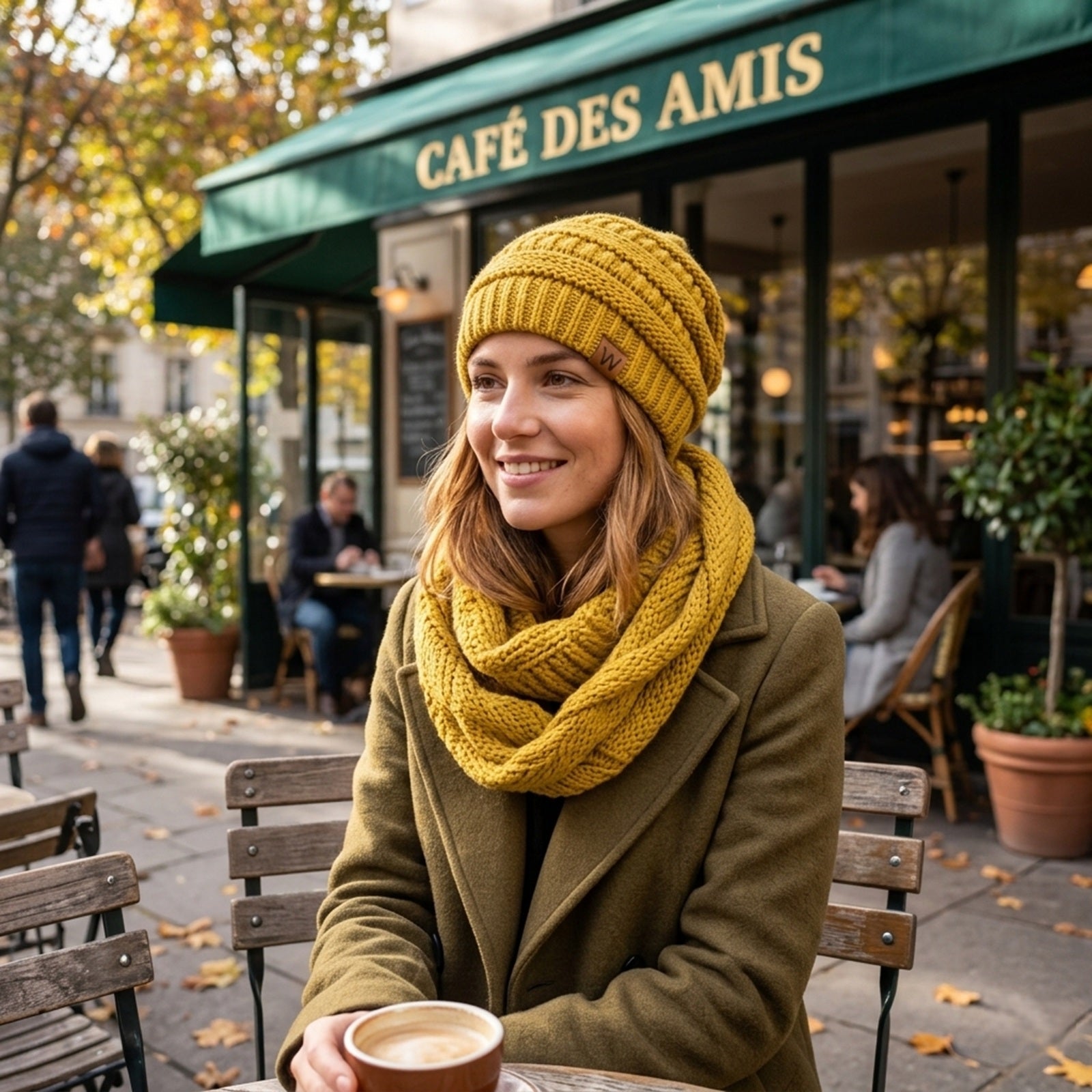 Wrapables Winter Warm Knitted Infinity Scarf and Beanie Hat Set, Yellow