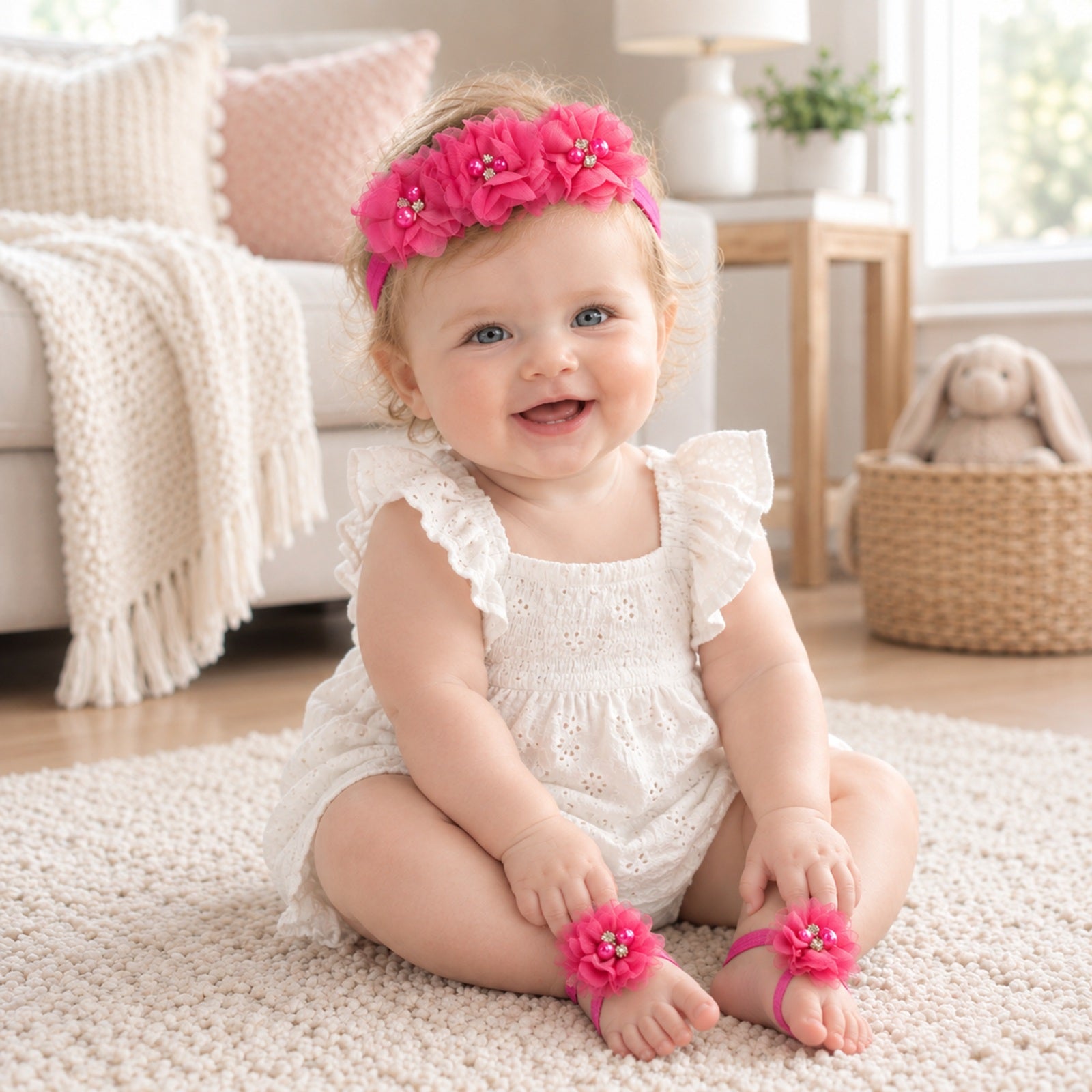 Wrapables Shabby Chic Flower Headband + Barefoot Sandals (Set of 4)