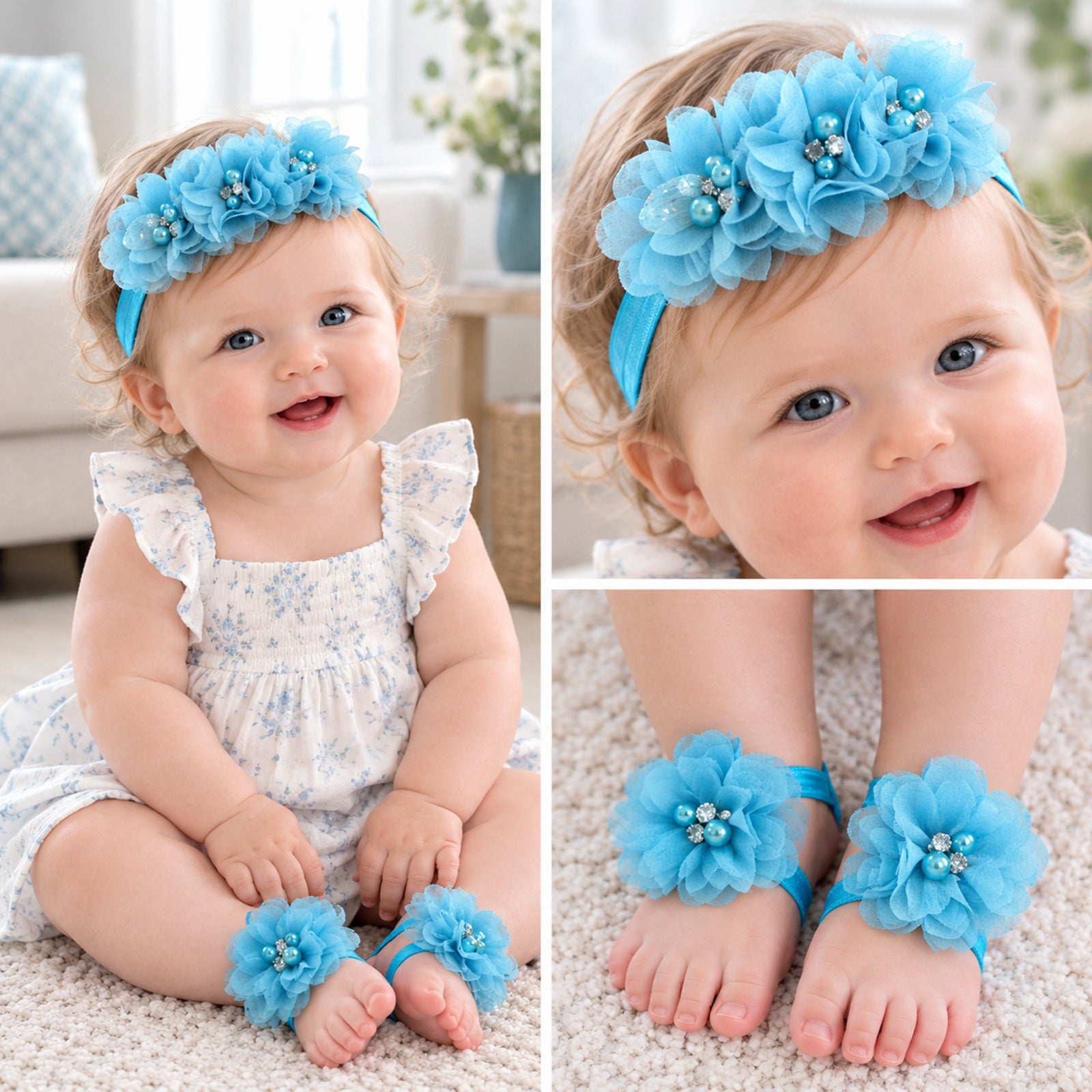 Wrapables Shabby Chic Flower Headband + Barefoot Sandals (Set of 4)