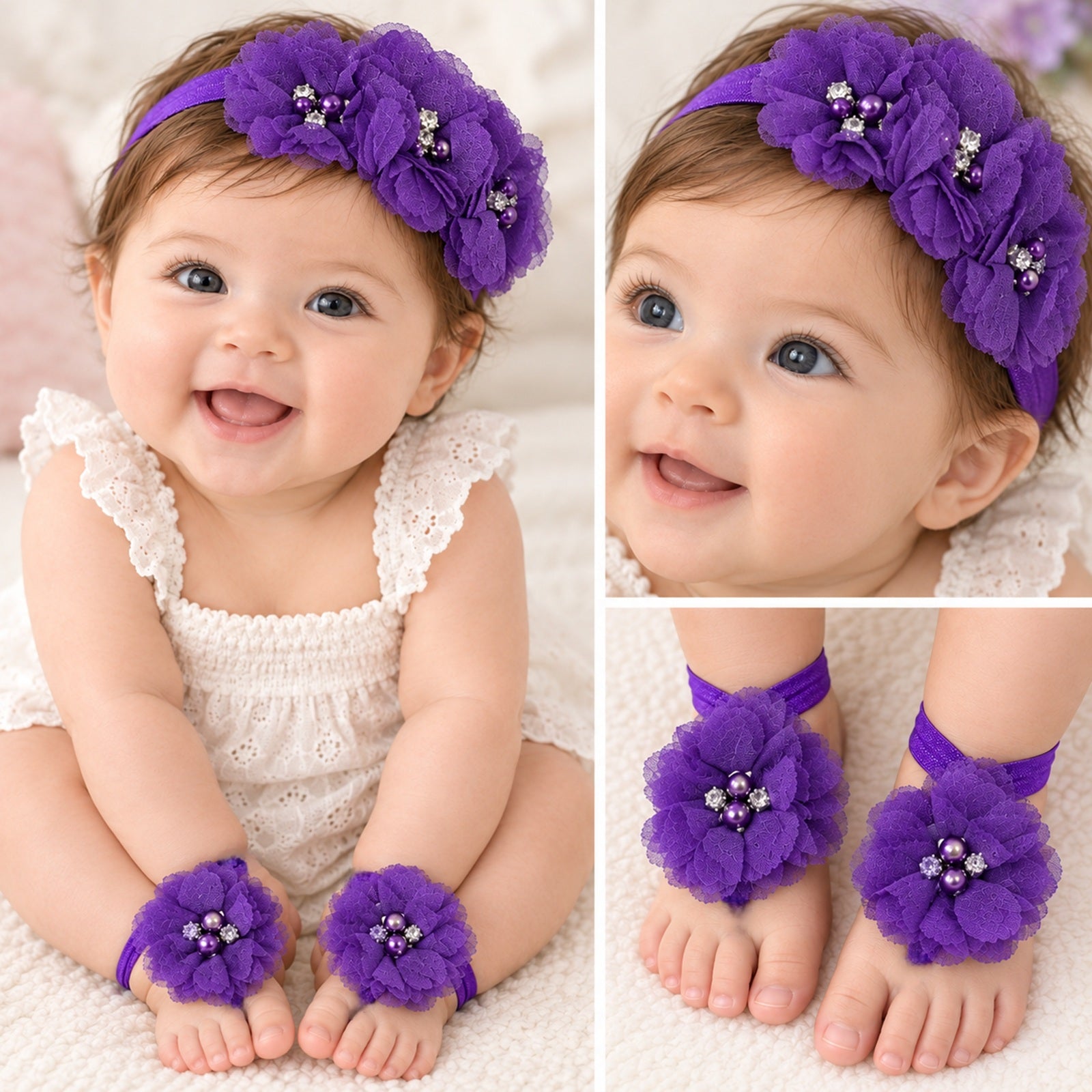 Wrapables Shabby Chic Flower Headband + Barefoot Sandals (Set of 4)