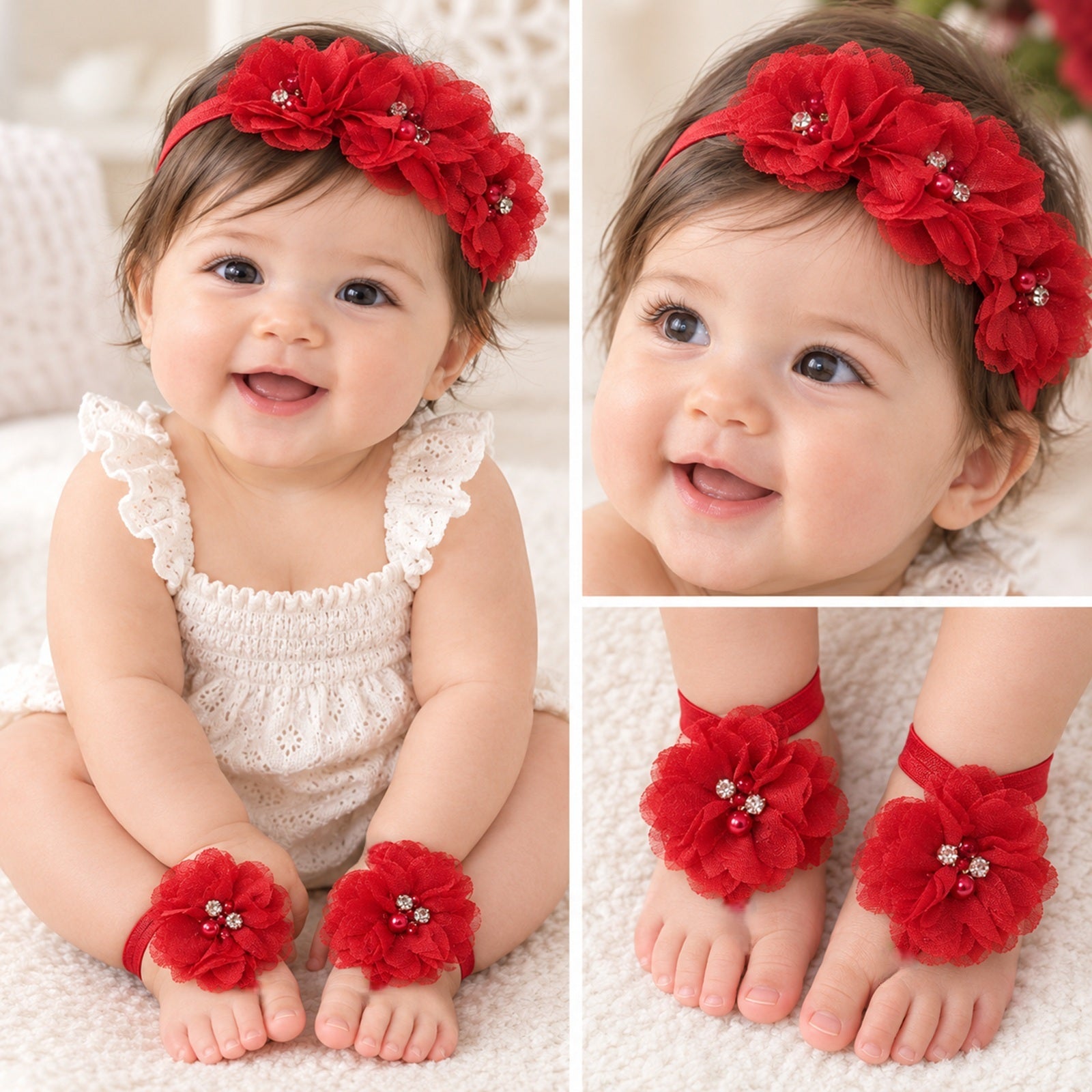 Wrapables Shabby Chic Flower Headband + Barefoot Sandals (Set of 4)