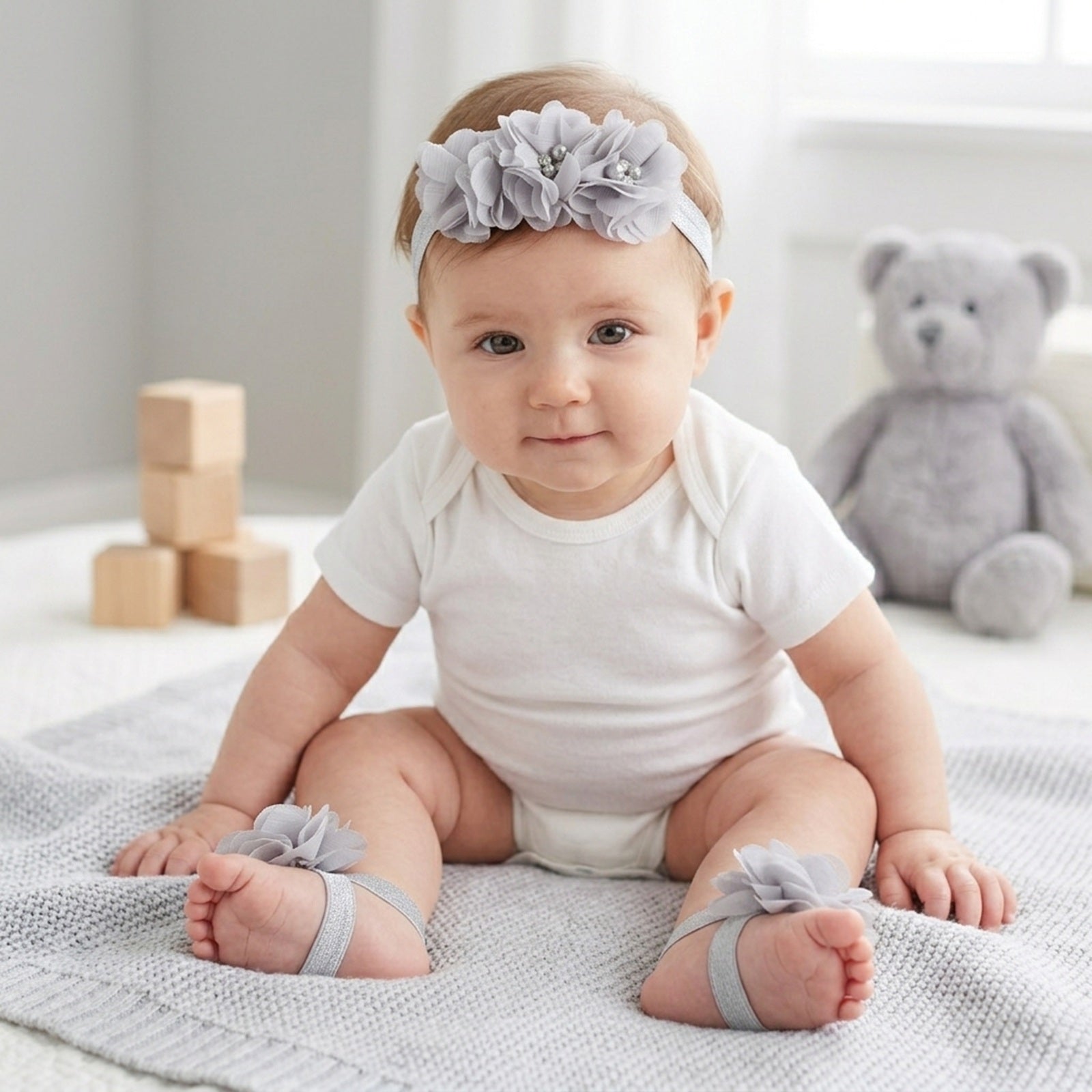 Wrapables Shabby Chic Flower Headband + Barefoot Sandals (Set of 4)