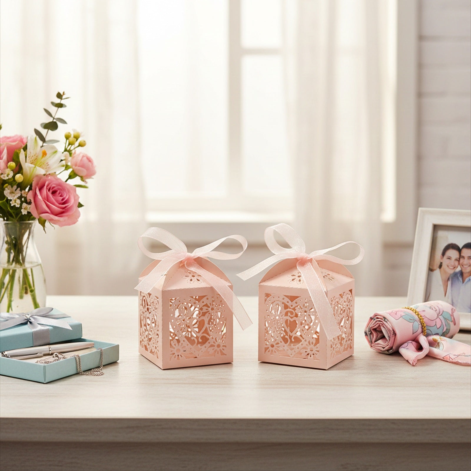 Wrapables Hearts and Flowers Wedding Party Favor Boxes Gift Boxes with Ribbon (Set of 50)