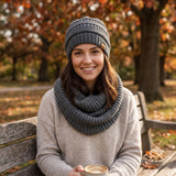 Wrapables Winter Warm Knitted Infinity Scarf and Beanie Hat Set, Charcoal Grey