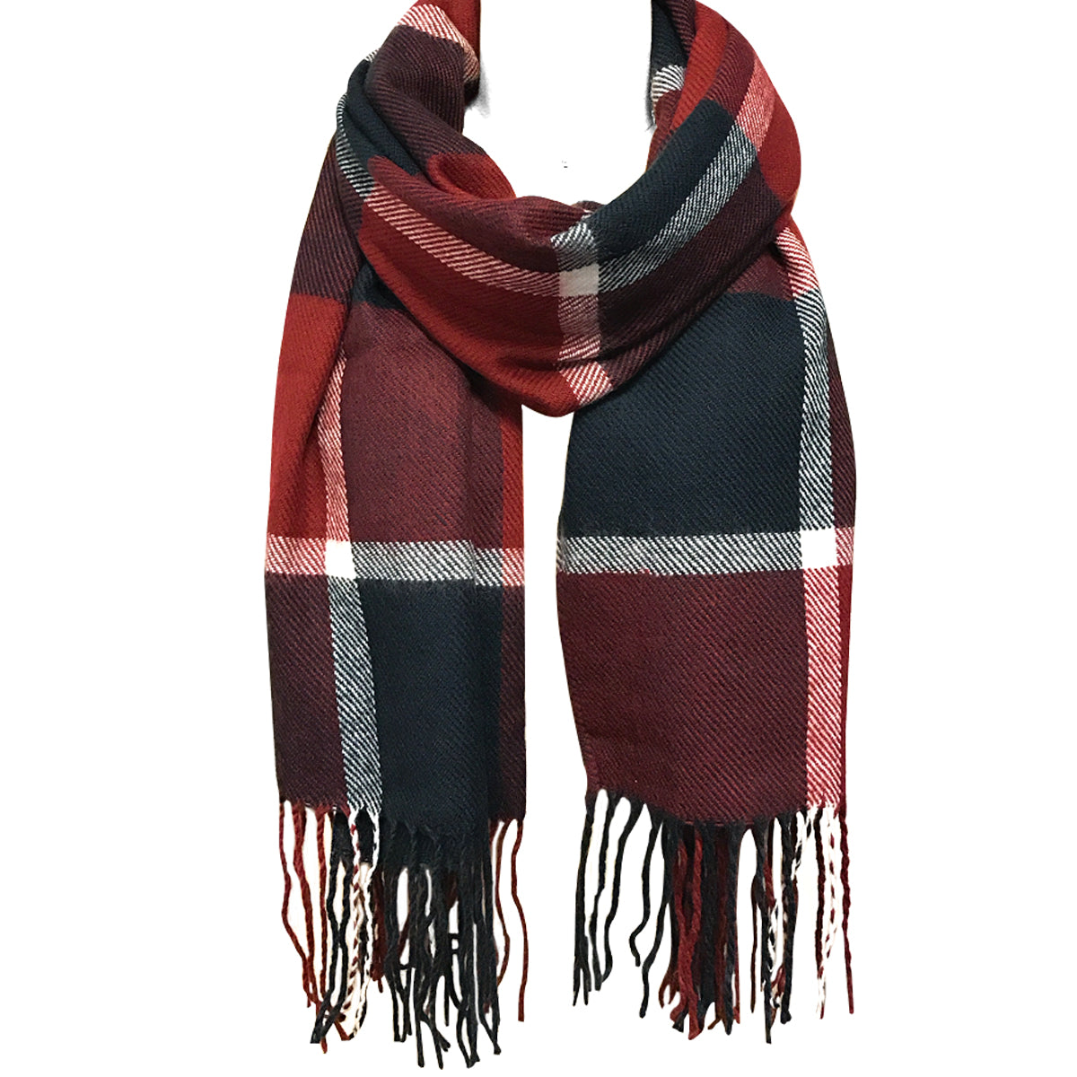 Wrapables Plaid Print Long Scarf and Beanie Hat Set, Navy and Wine Set