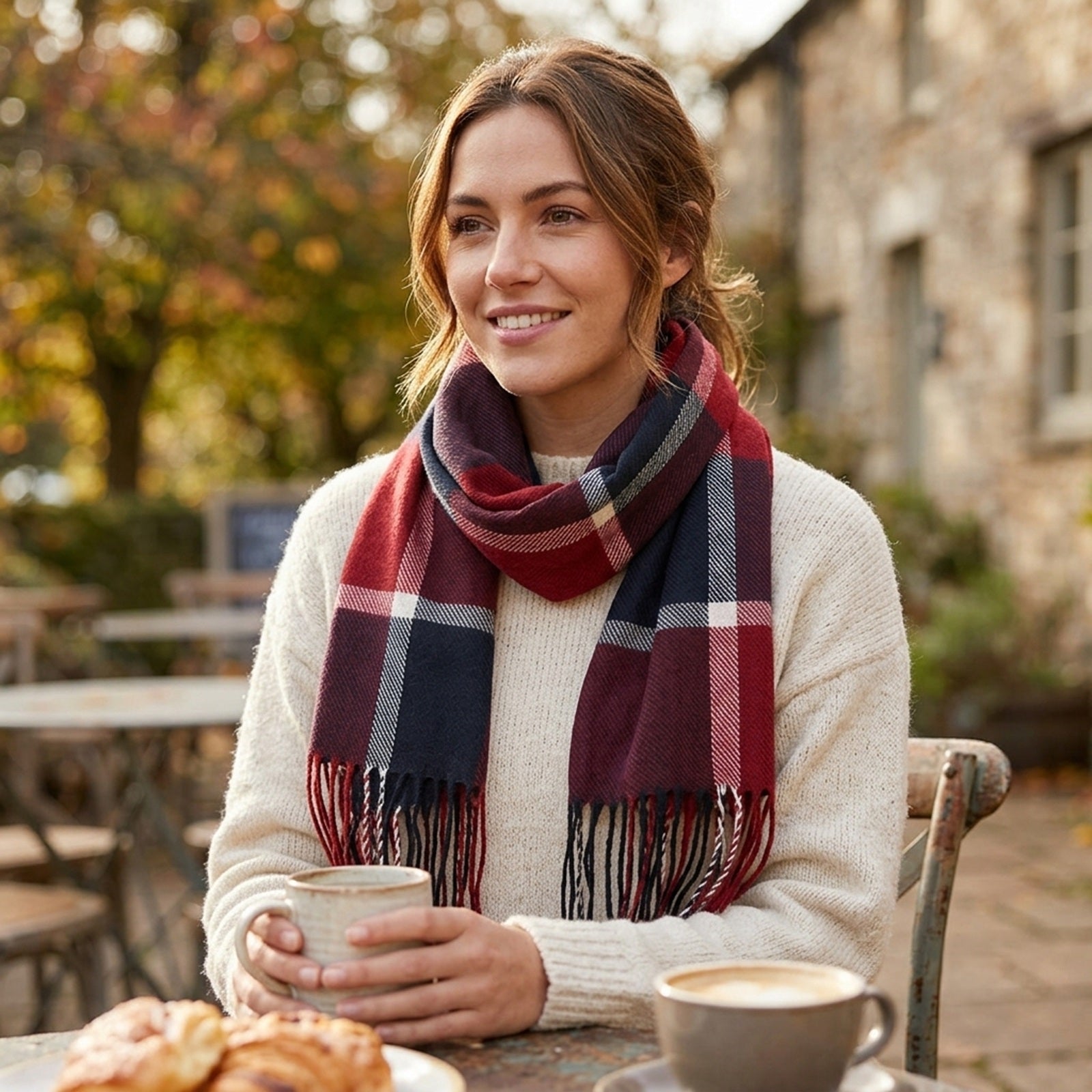 Wrapables Women's Plaid Long Scarf Wrap with Fringe, Long Scarf, Navy and Wine