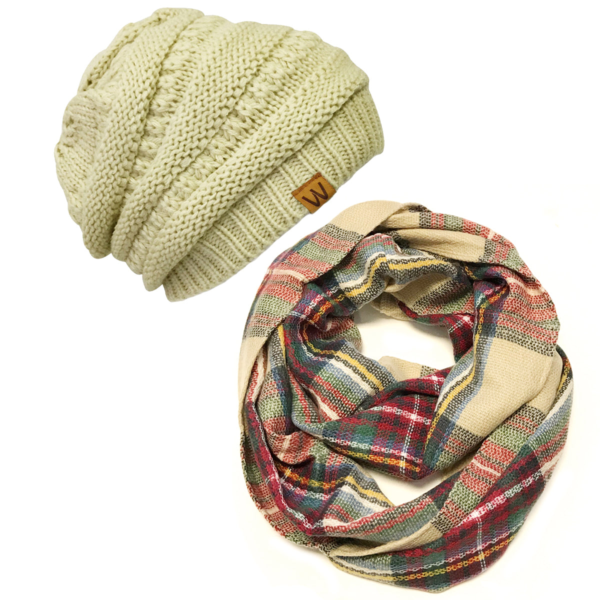 Wrapables Plaid Print Infinity Scarf and Beanie Hat Set, Red and Green Set