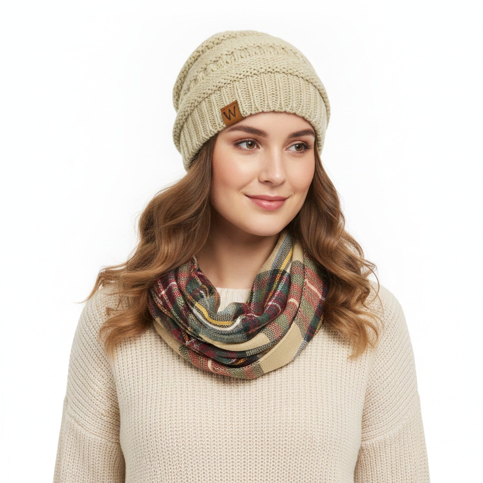 Wrapables Women's Plaid Print Infinity Scarf and Beanie Hat Set