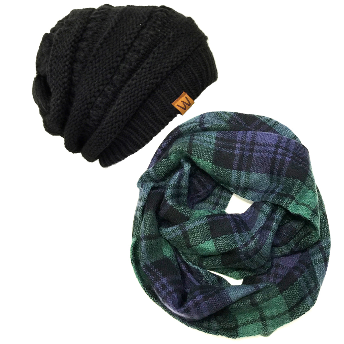 Wrapables Plaid Print Infinity Scarf and Beanie Hat Set, Blue and Green Set