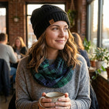 Wrapables Plaid Print Infinity Scarf and Beanie Hat Set, Blue and Green Set