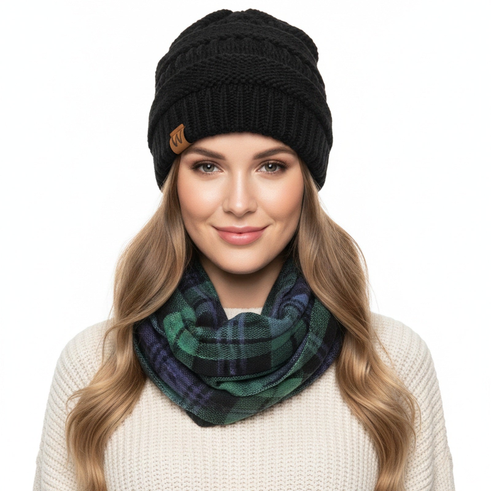 Wrapables Women's Plaid Print Infinity Scarf and Beanie Hat Set