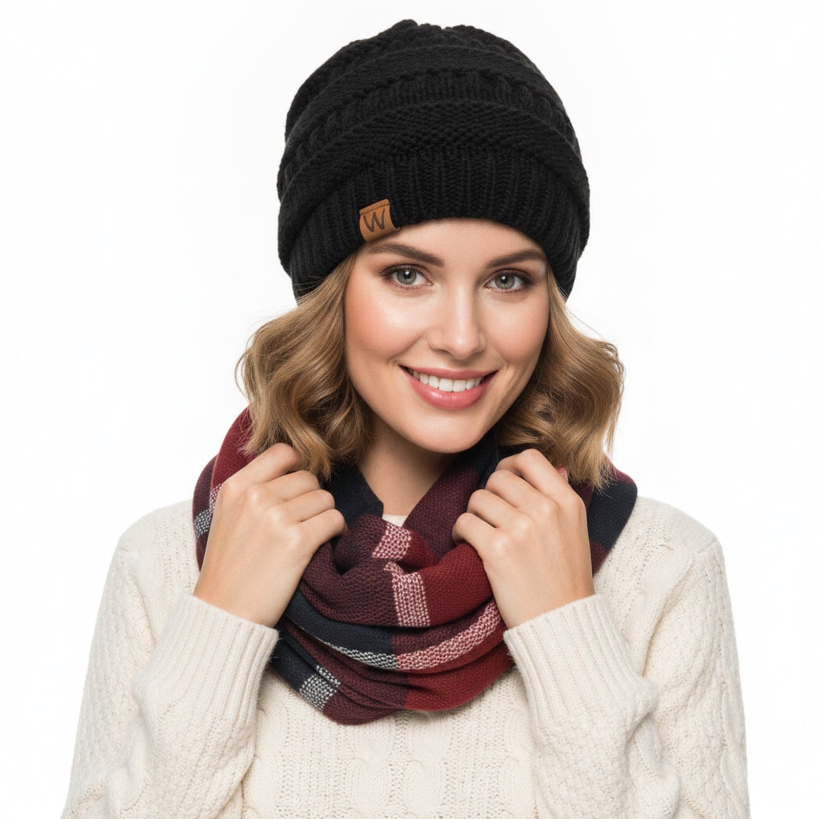 Wrapables Women's Plaid Print Infinity Scarf and Beanie Hat Set