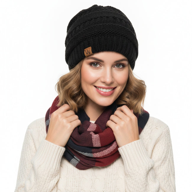 Wrapables Plaid Print Infinity Scarf and Beanie Hat Set, Navy and Wine Set