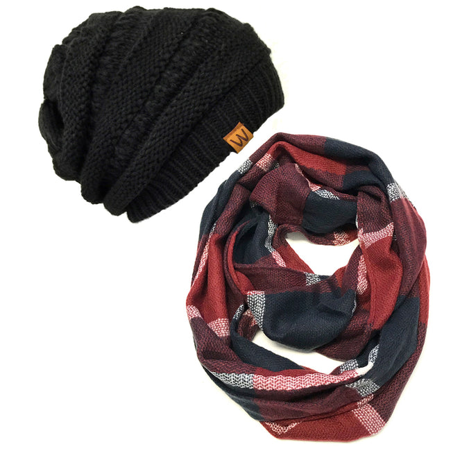 Wrapables Plaid Print Infinity Scarf and Beanie Hat Set, Navy and Wine Set