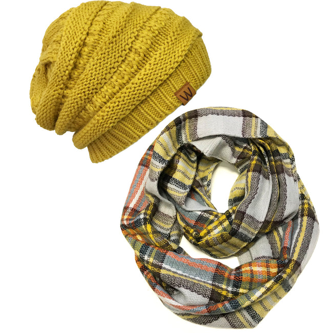 Wrapables Plaid Print Infinity Scarf and Beanie Hat Set, Tan and Orange