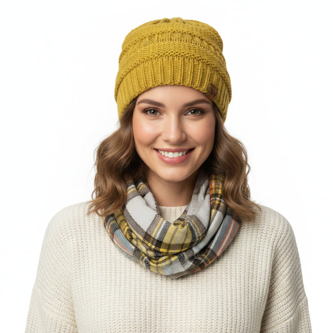 Wrapables Women's Plaid Print Infinity Scarf and Beanie Hat Set