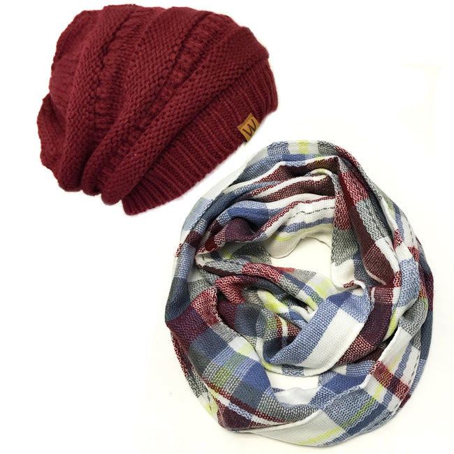 Wrapables Plaid Print Infinity Scarf and Beanie Hat Set, Gray and Wine Set