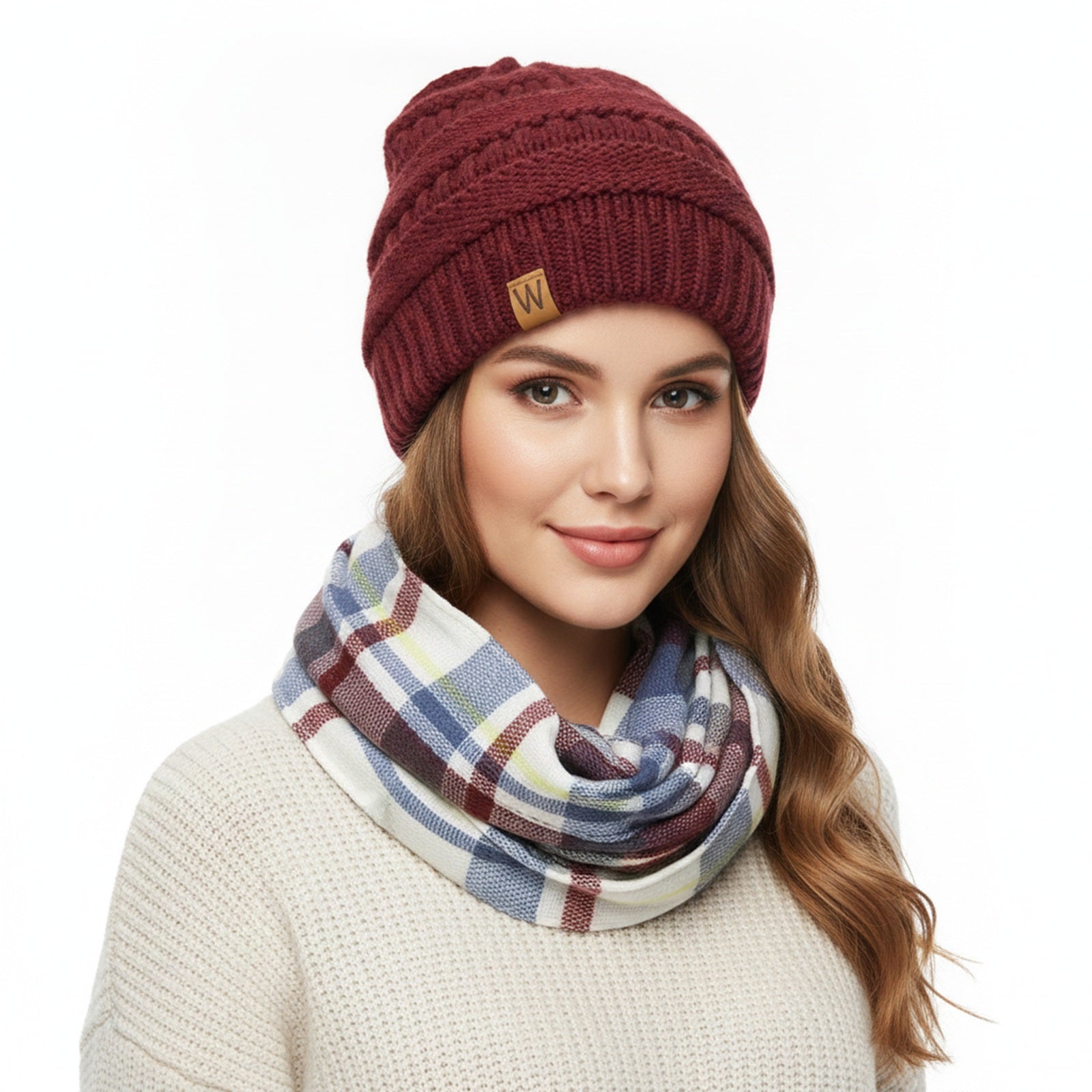 Wrapables Women's Plaid Print Infinity Scarf and Beanie Hat Set