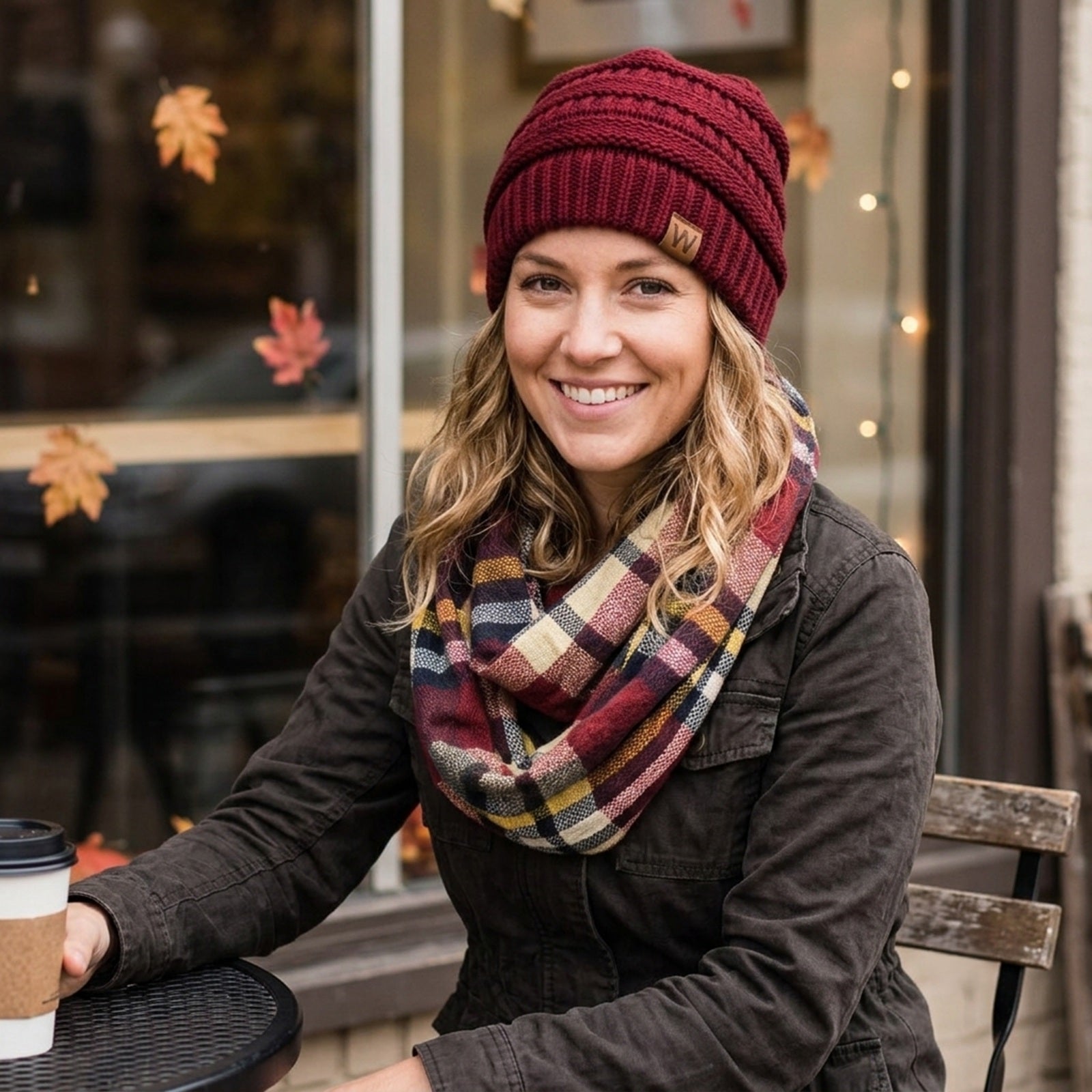 Wrapables Women's Plaid Print Infinity Scarf and Beanie Hat Set