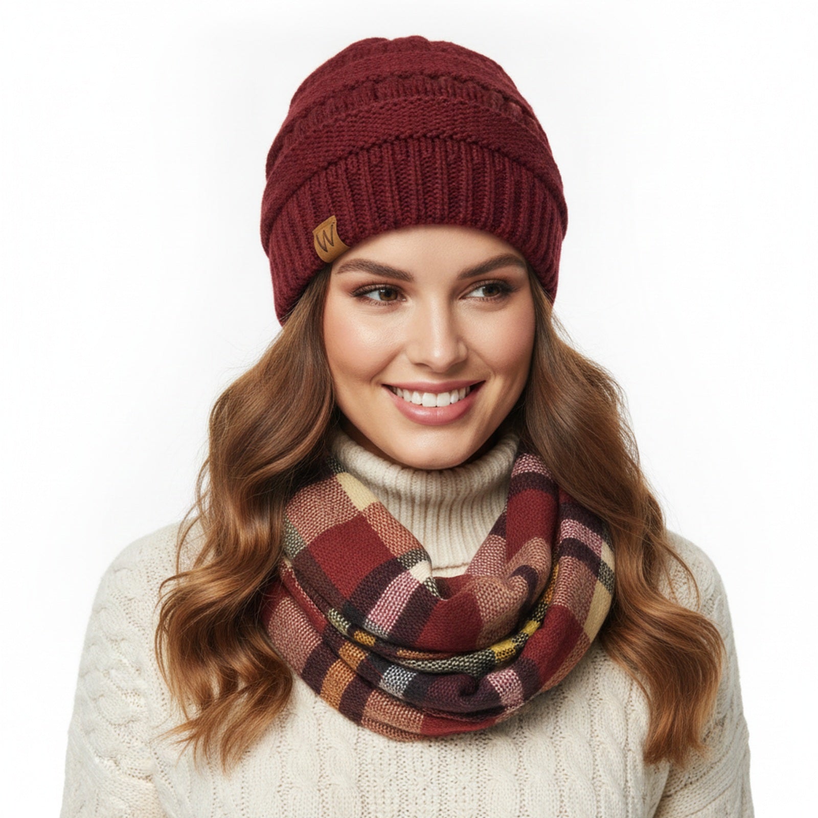 Wrapables Women's Plaid Print Infinity Scarf and Beanie Hat Set