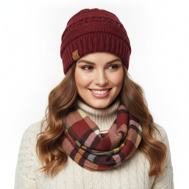 Wrapables Plaid Print Infinity Scarf and Beanie Hat Set, Red and Black Set