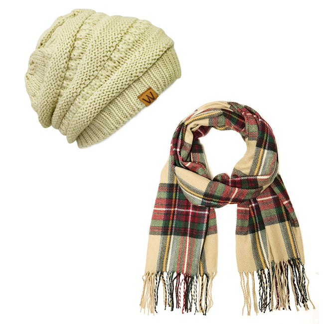 Wrapables Plaid Print Long Scarf and Beanie Hat Set, Red and Green Set