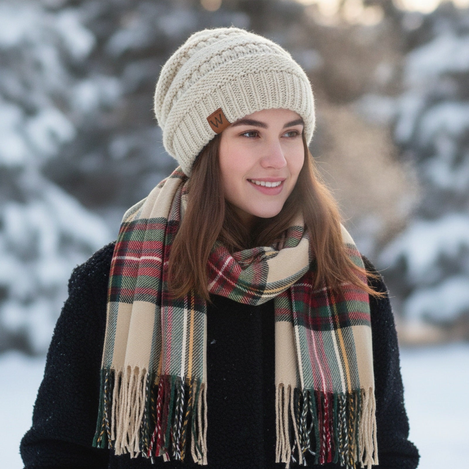 Wrapables Women's Plaid Print Long Scarf and Beanie Hat Set
