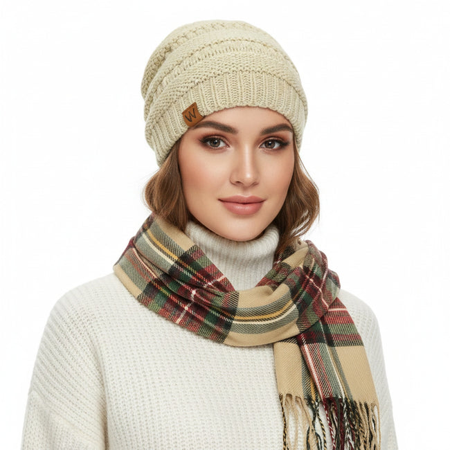 Wrapables Women's Plaid Print Long Scarf and Beanie Hat Set