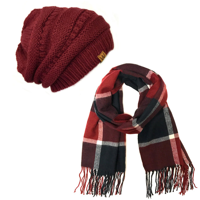 Wrapables Plaid Print Long Scarf and Beanie Hat Set, Navy and Wine Set