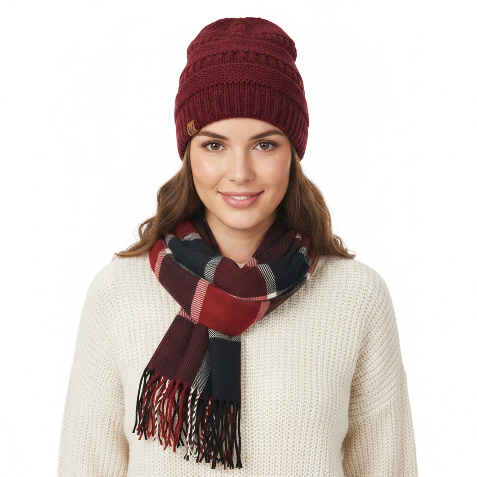Wrapables Women's Plaid Print Long Scarf and Beanie Hat Set