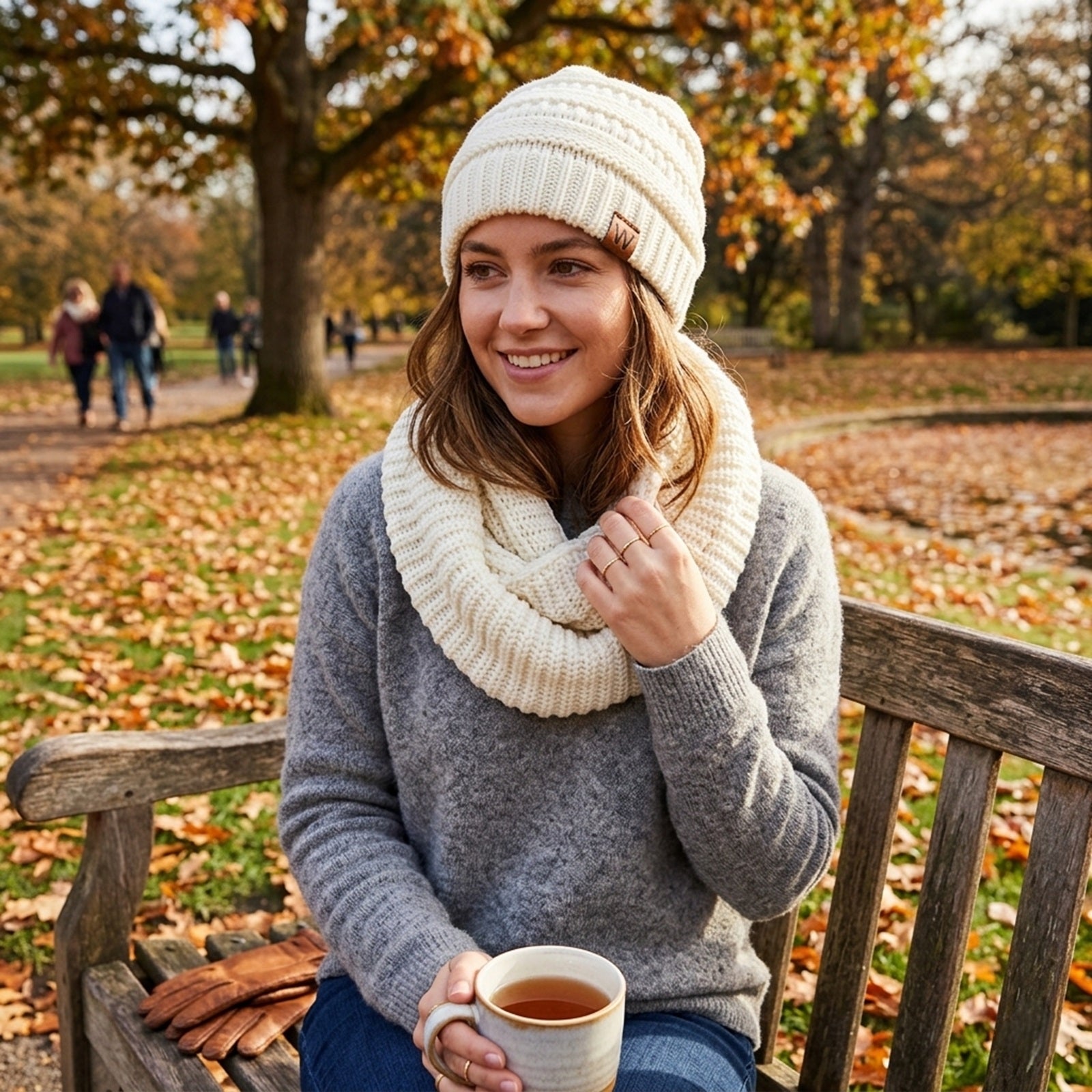 Wrapables Winter Warm Knitted Infinity Scarf and Beanie Hat Set, White