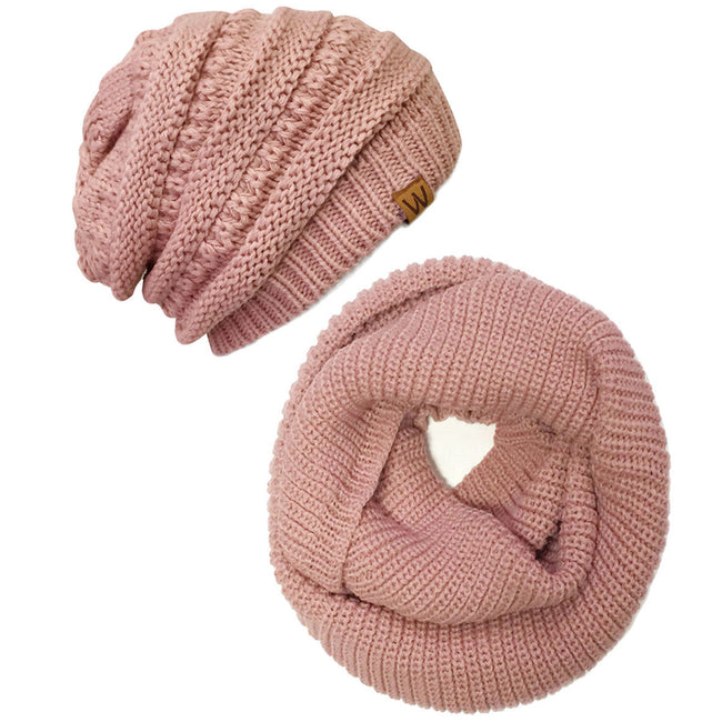 Wrapables Winter Warm Knitted Infinity Scarf and Beanie Hat Set, Pink Petal