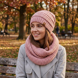 Wrapables Winter Warm Knitted Infinity Scarf and Beanie Hat Set, Pink Petal