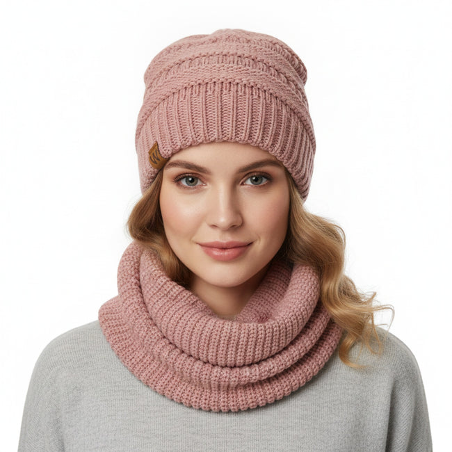 Wrapables Winter Warm Knitted Infinity Scarf and Beanie Hat Set, Pink Petal